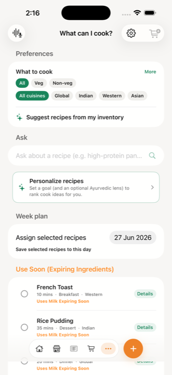 AI recipe suggestions from your inventory